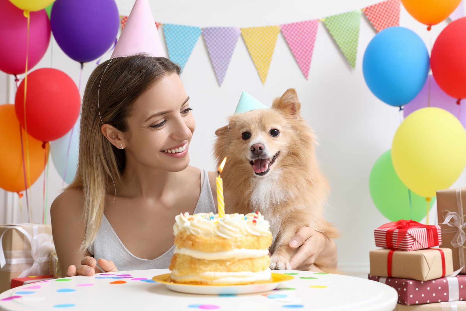 Photo of happy woman celebrating her pet's birthday in decorated room