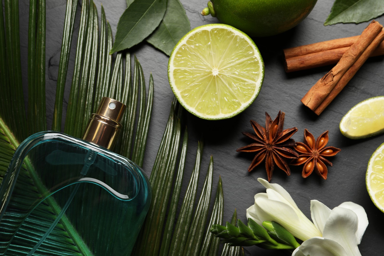 Free photo of flat lay composition with bottle of perfume and fresh citrus fruits on grey table