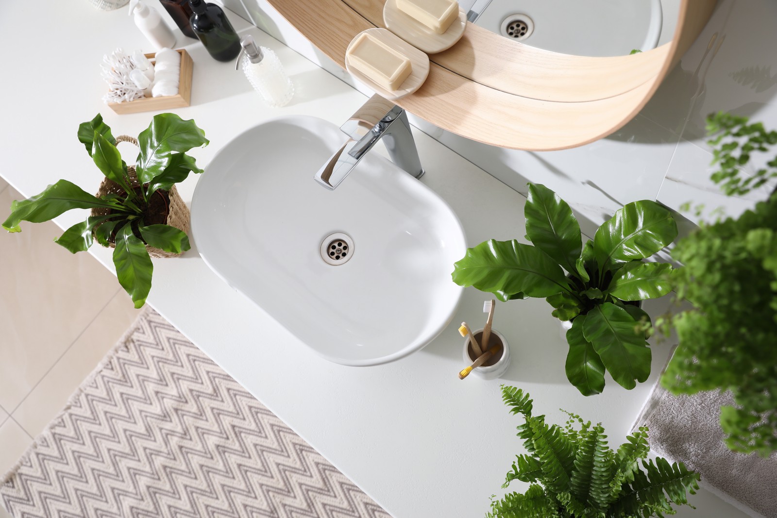 Photo of beautiful green ferns and toiletries on countertop in bathroom, top view