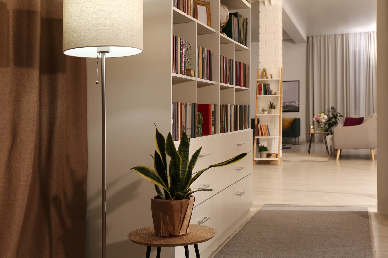 Photo of home library interior with collection of different books on shelves