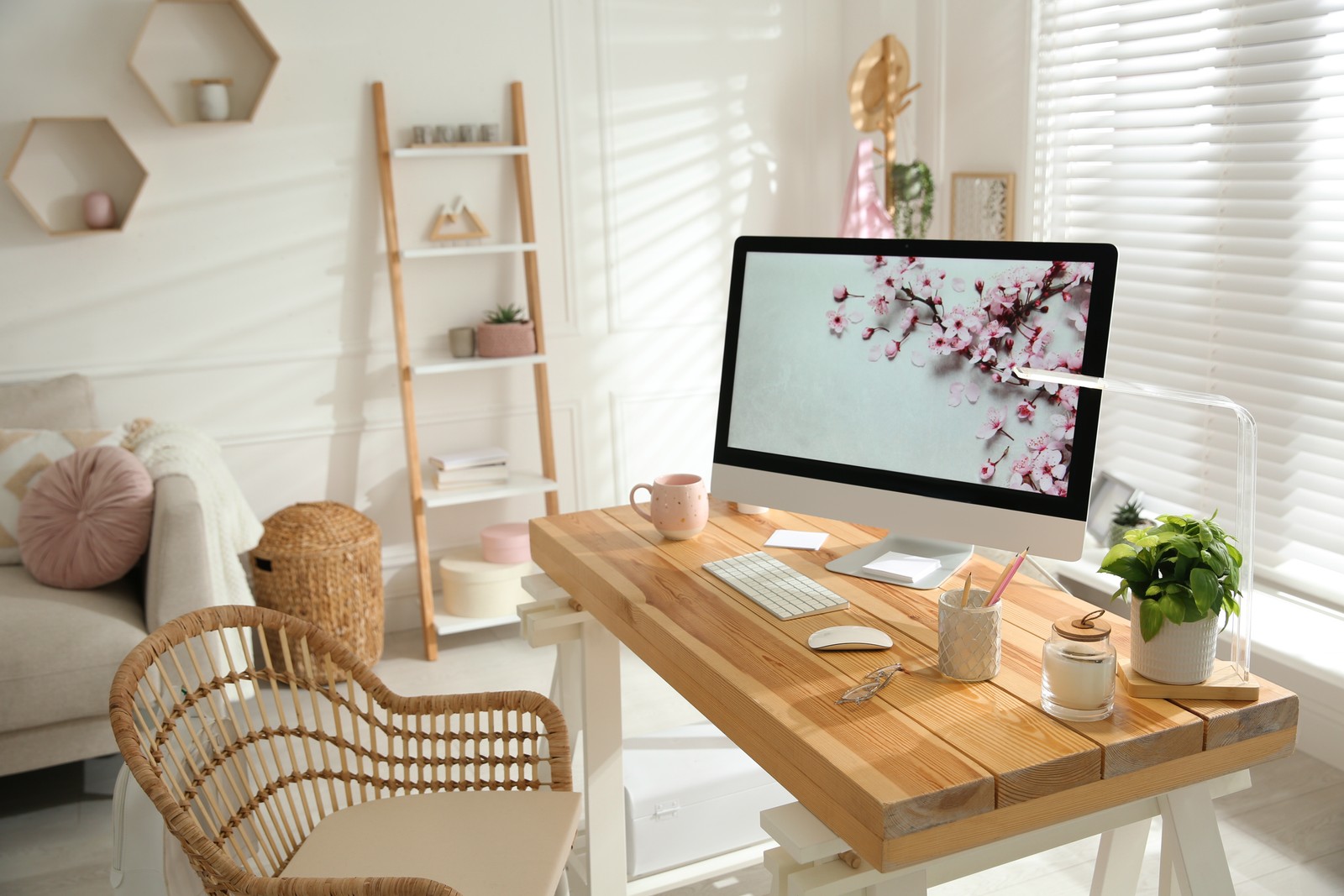 Photo of stylish home office interior with comfortable workplace
